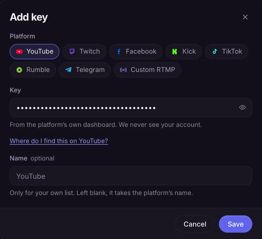 The Add key dialog in the TheLoops dashboard, with YouTube chosen and a key pasted in.